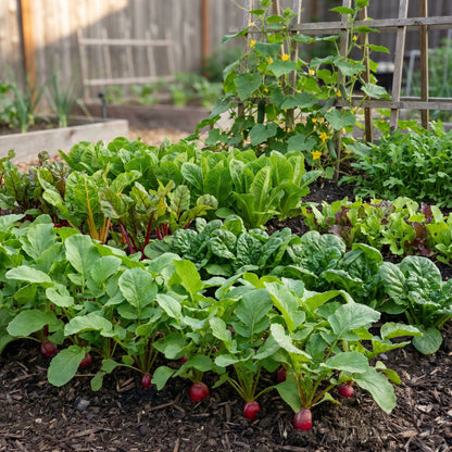 Vegetable garden with leafy greens and radishes growing in a garden bed.
