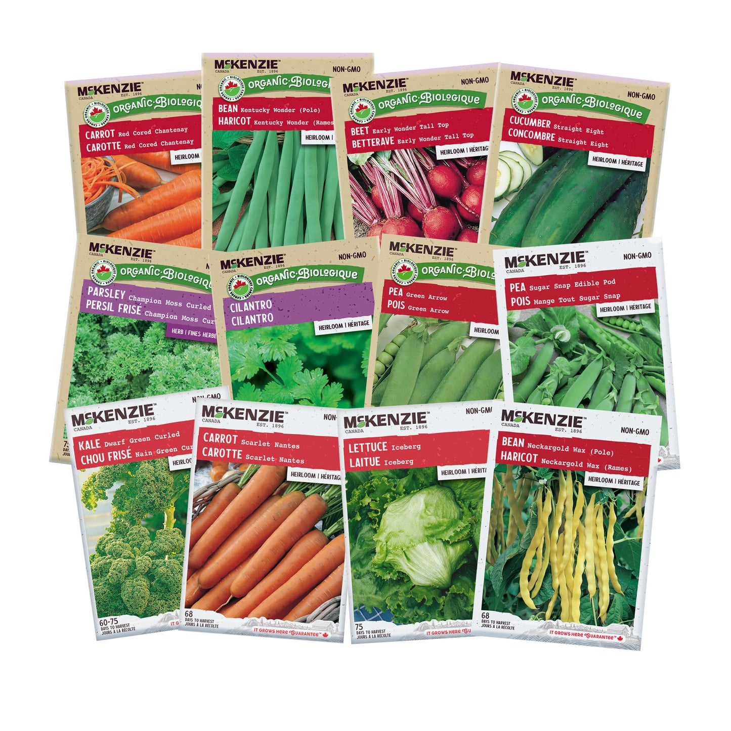 Collection of McKenzie Seed Co. vegetable seed packets on a white background