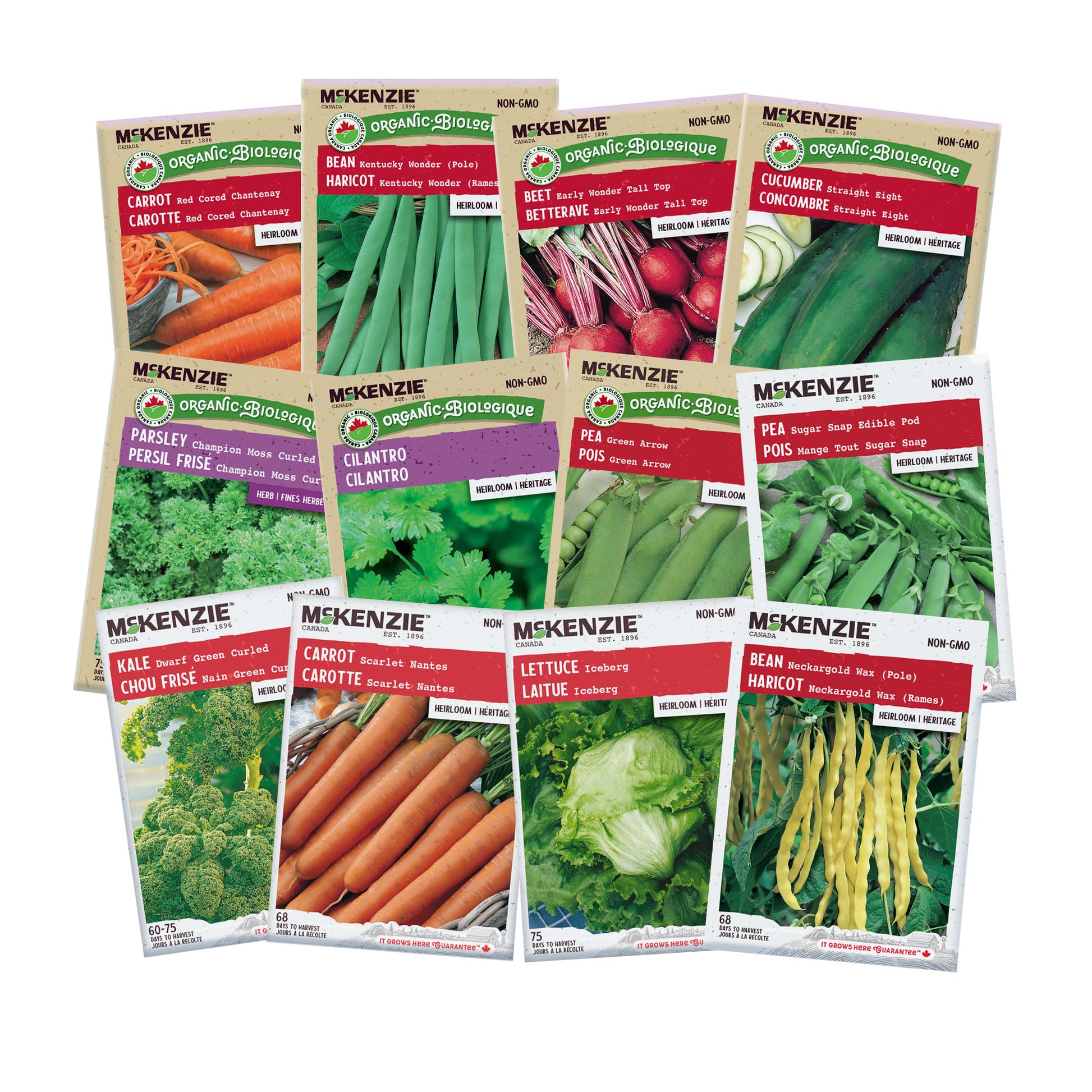 Collection of McKenzie Seed Co. vegetable seed packets on a white background
