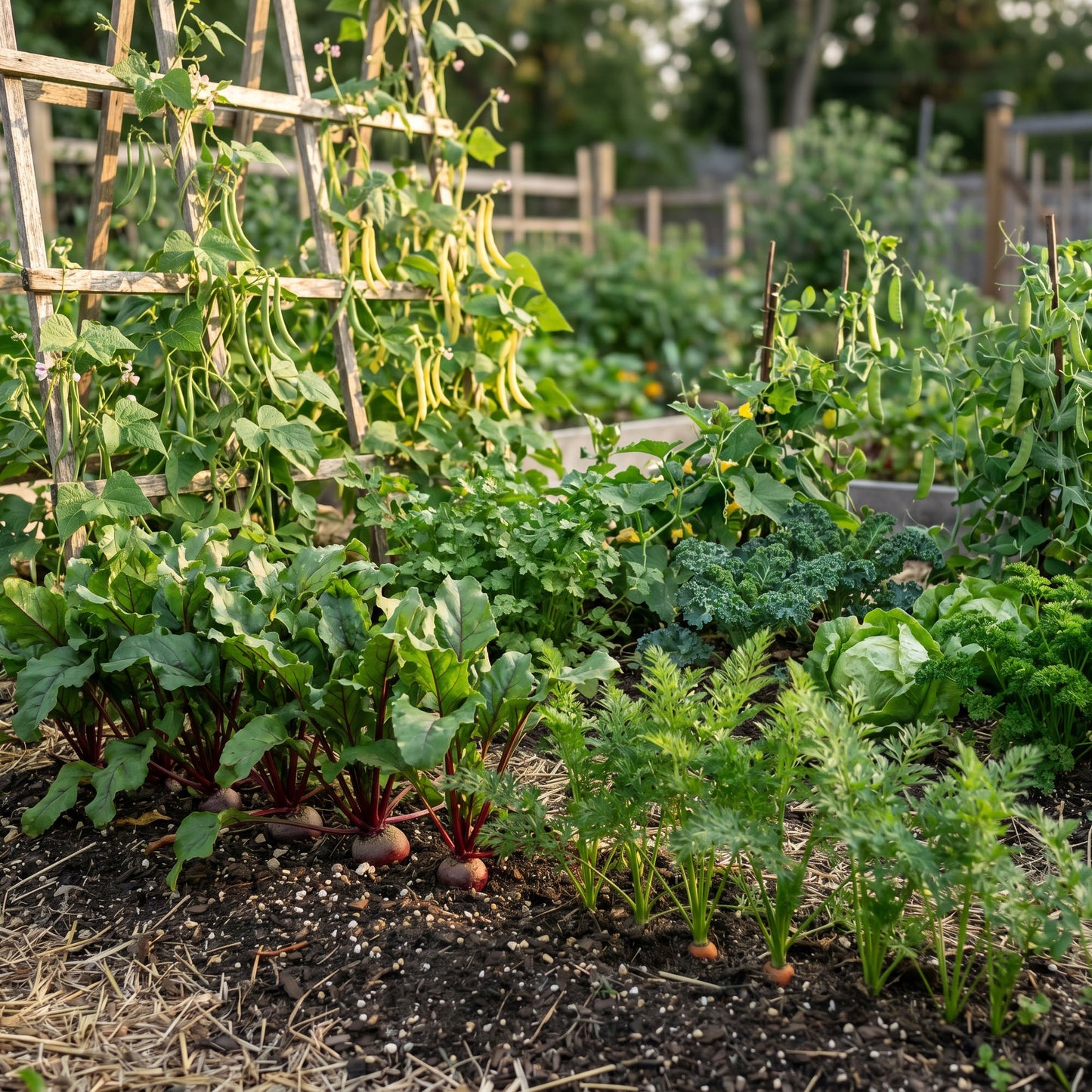 Vegetable garden with various plants including beans and leafy greens.