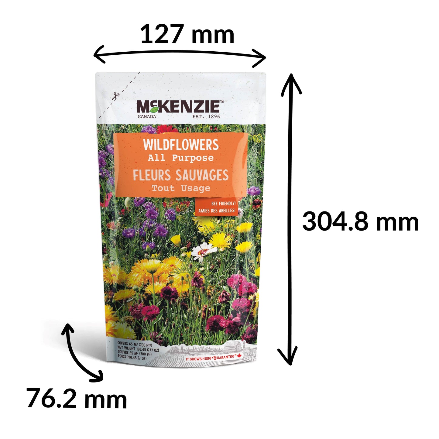 Measurement chart for a bag of McKenzie wildflower seeds with dimensions labeled.