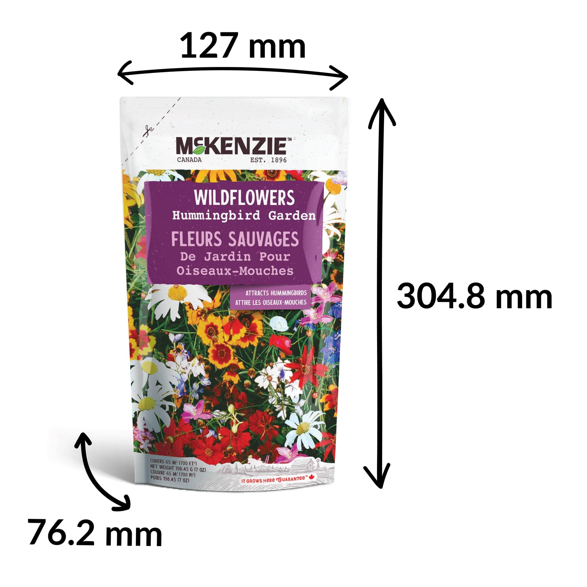 Measurement chart of a McKenzie wildflower package with dimensions labeled.