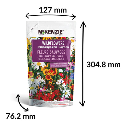 Measurement chart of a McKenzie wildflower package with dimensions labeled.