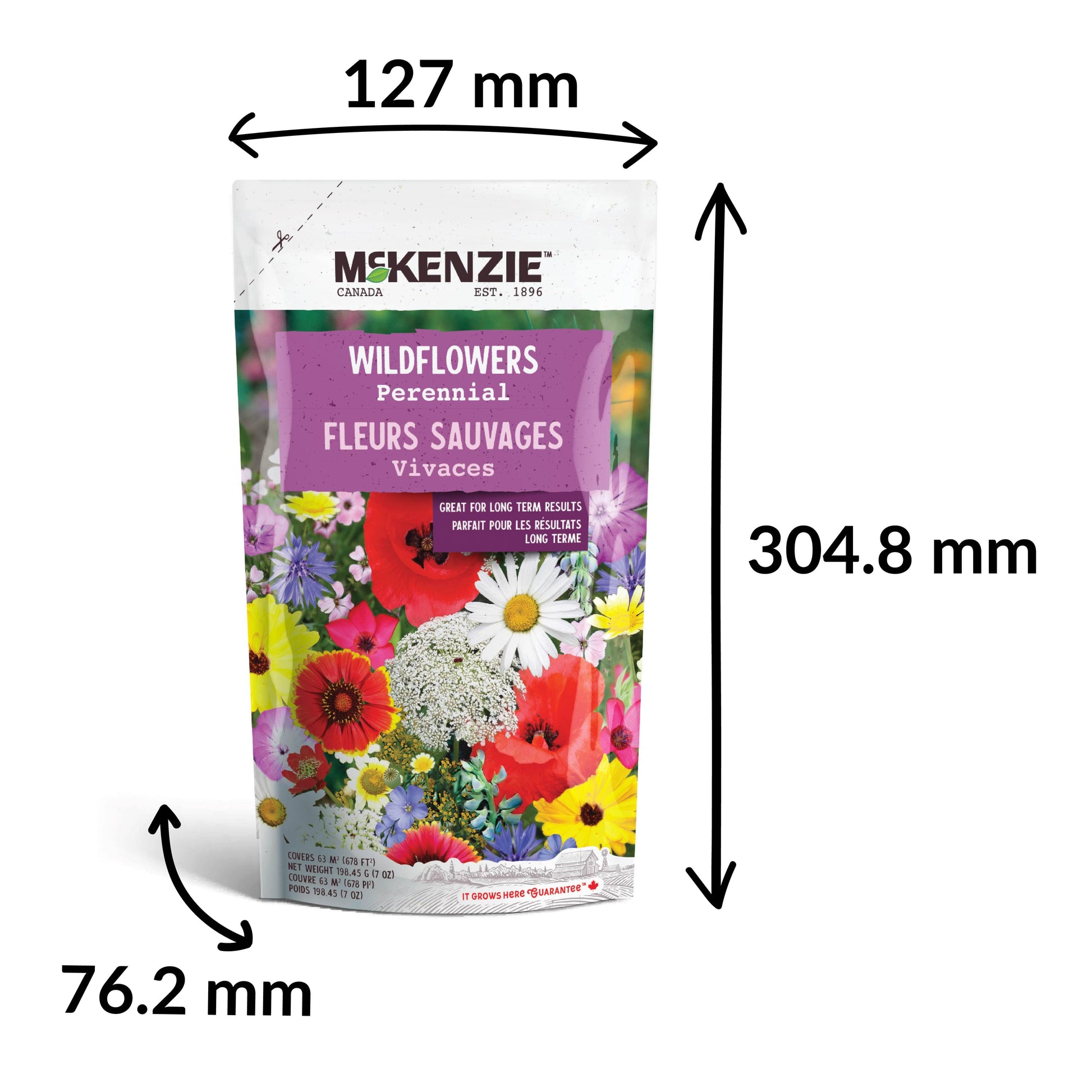Measurement chart of a McKenzie wildflower seed packet with dimensions labeled.