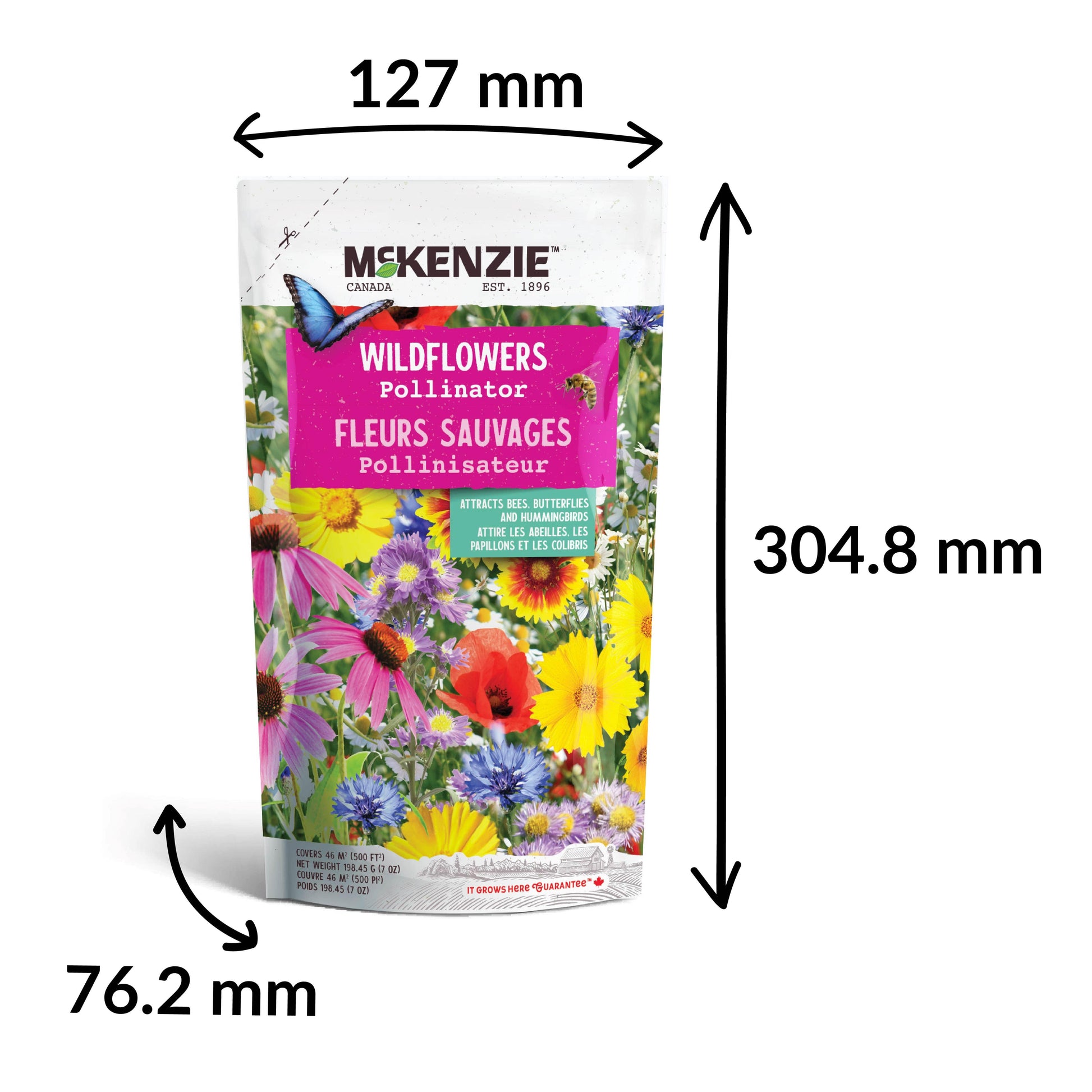Measurement chart of a McKenzie wildflower product packaging with dimensions labeled.