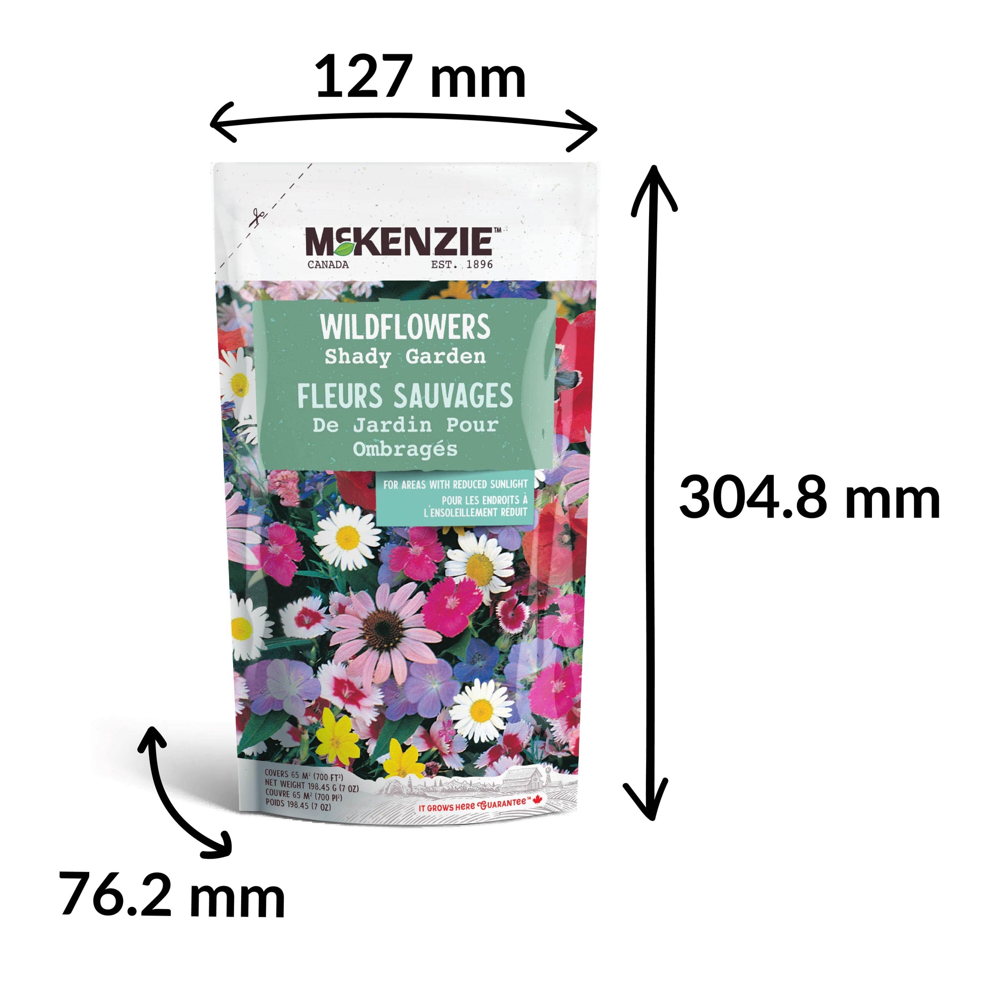 A shaker bag of McKenzie Seeds Wildflowers, with a colorful label showing various wildflowers.