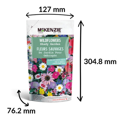 A shaker bag of McKenzie Seeds Wildflowers, with a colorful label showing various wildflowers.