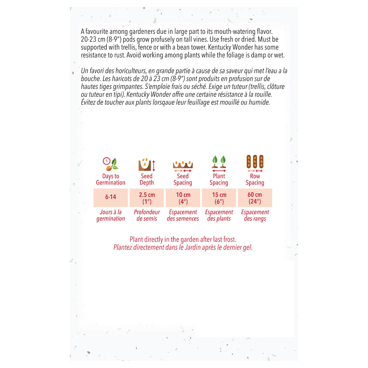 Seed packet with planting instructions and symbols on a white background
