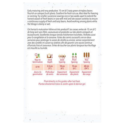 Seed packet with text and planting instructions for green stringless beans on a white background