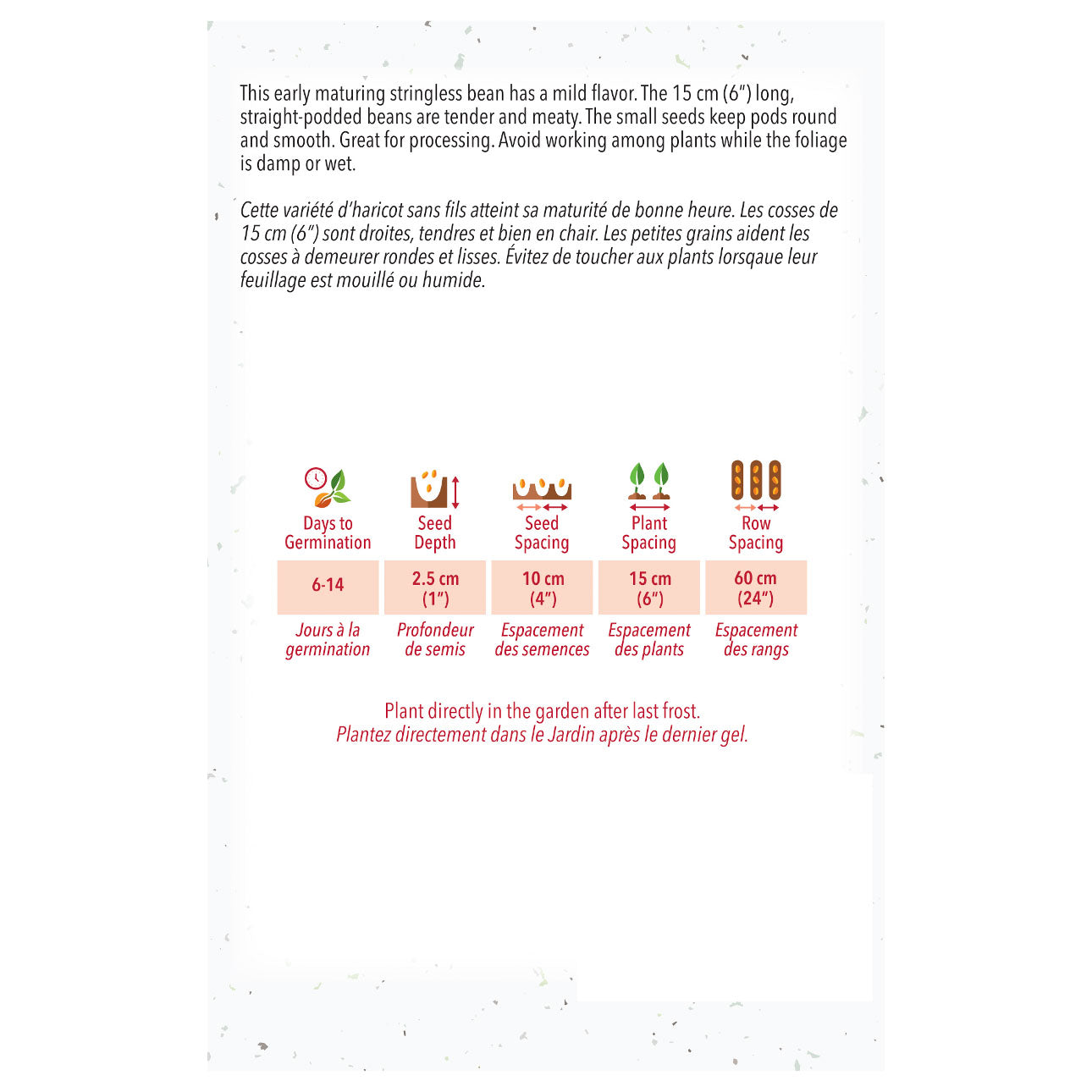 Seed packet with bean planting instructions and graphics on a white background