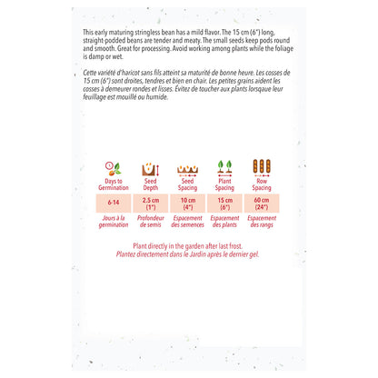 Seed packet with bean planting instructions and graphics on a white background