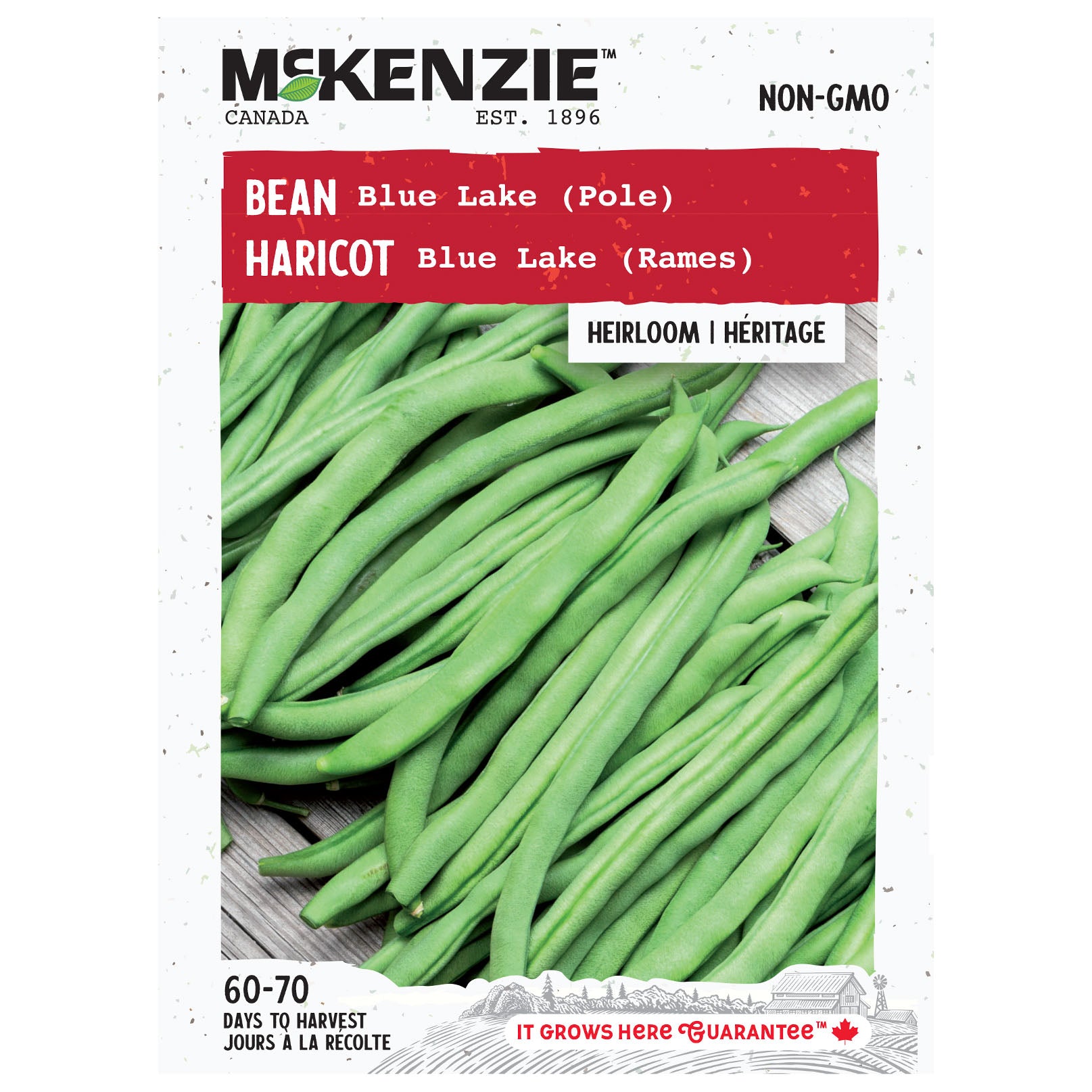 Mckenzie brand seed packet for Blue Lake pole beans with green beans on a white background