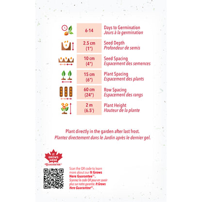 Seed packet with planting instructions and QR code on a white background