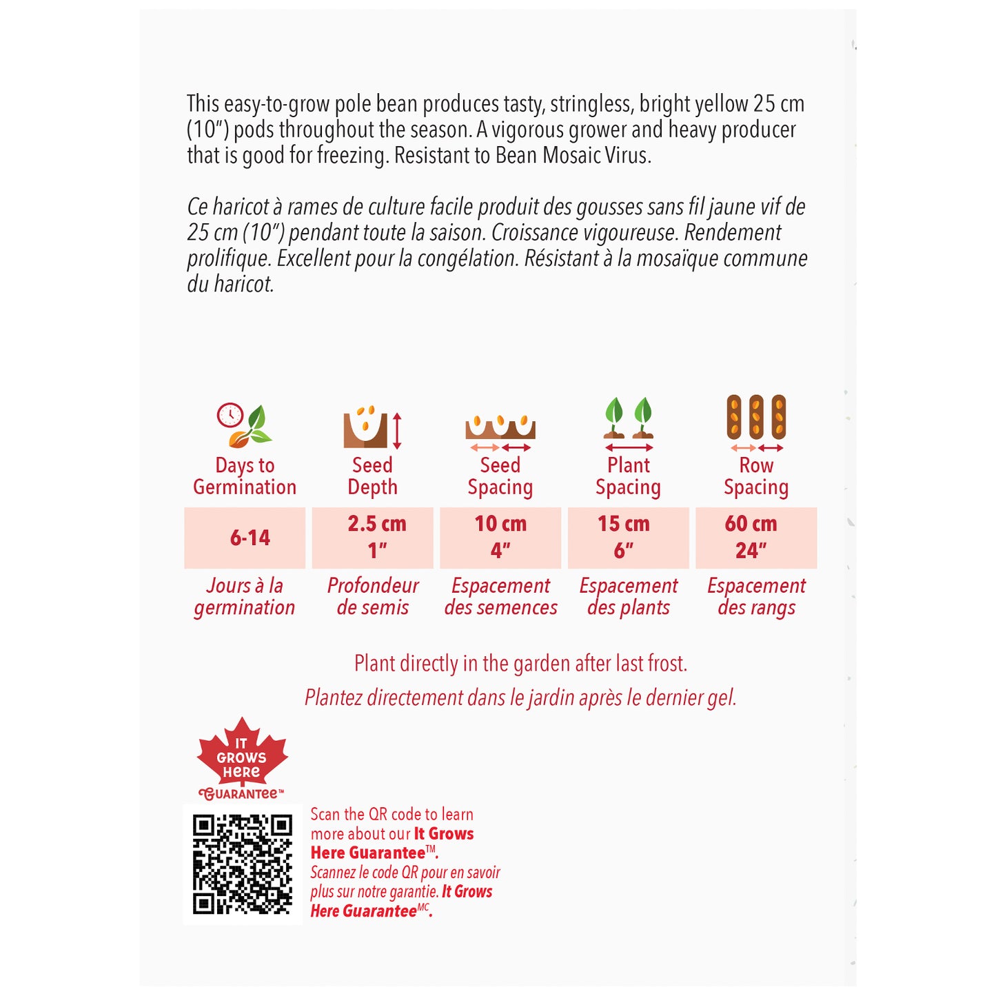 Seed packet with gardening instructions and product details on a white background