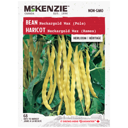 Mckenzie brand seed packet for Neckargold Wax beans with yellow beans and green leaves.
