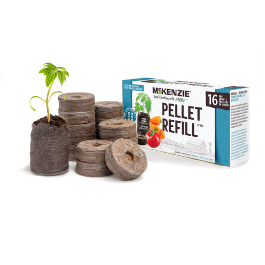 A pack of Jiffy 50mm peat pellets alongside a box with the product branding, with a small plant growing out of a pellet.