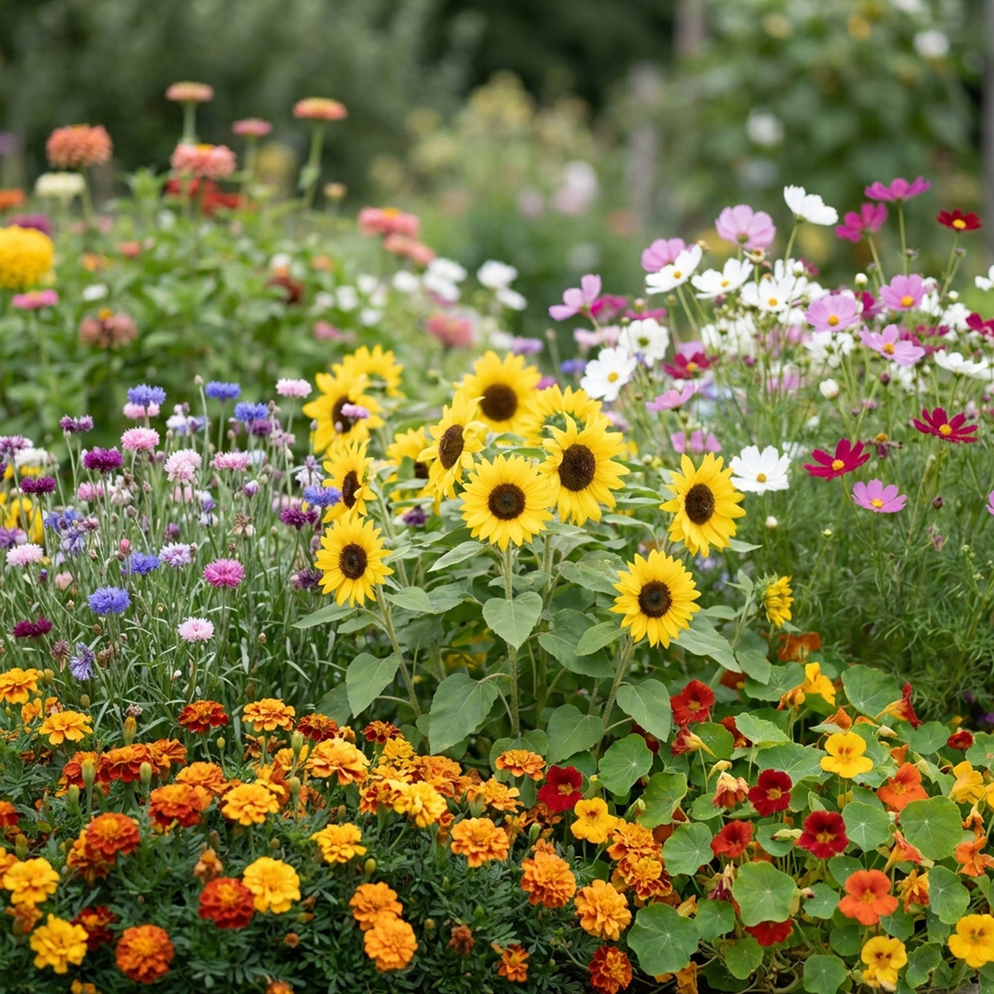 Colorful flower garden with sunflowers and various other flowers.