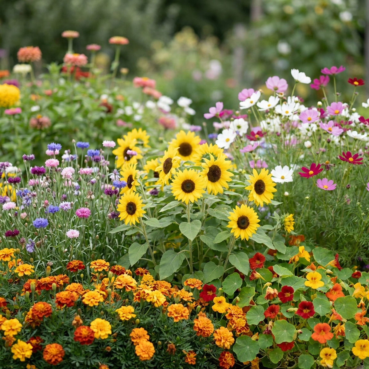 Colorful flower garden with sunflowers and various other flowers.