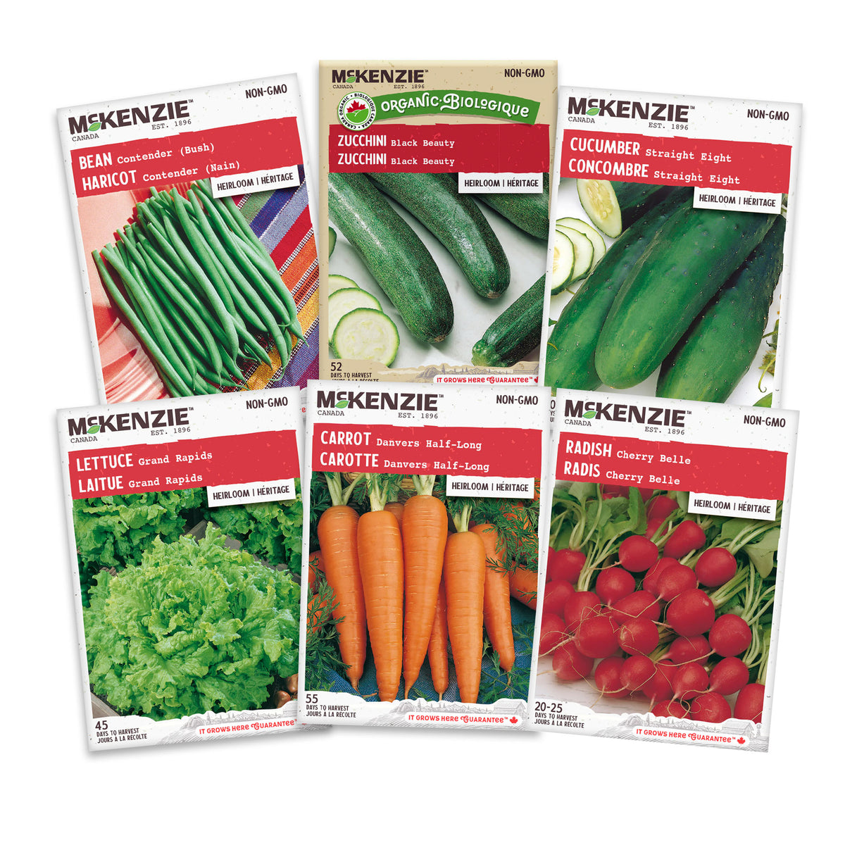 Set of McKenzie vegetable seed packets on a white background