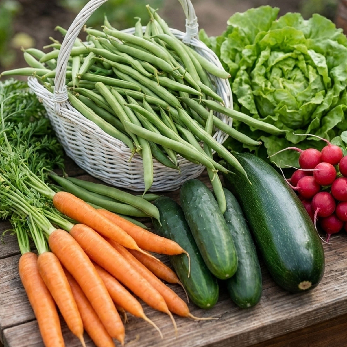 Assorted fresh vegetables including carrots, green beans, cucumbers, radishes, and lettuce on a wooden surface.