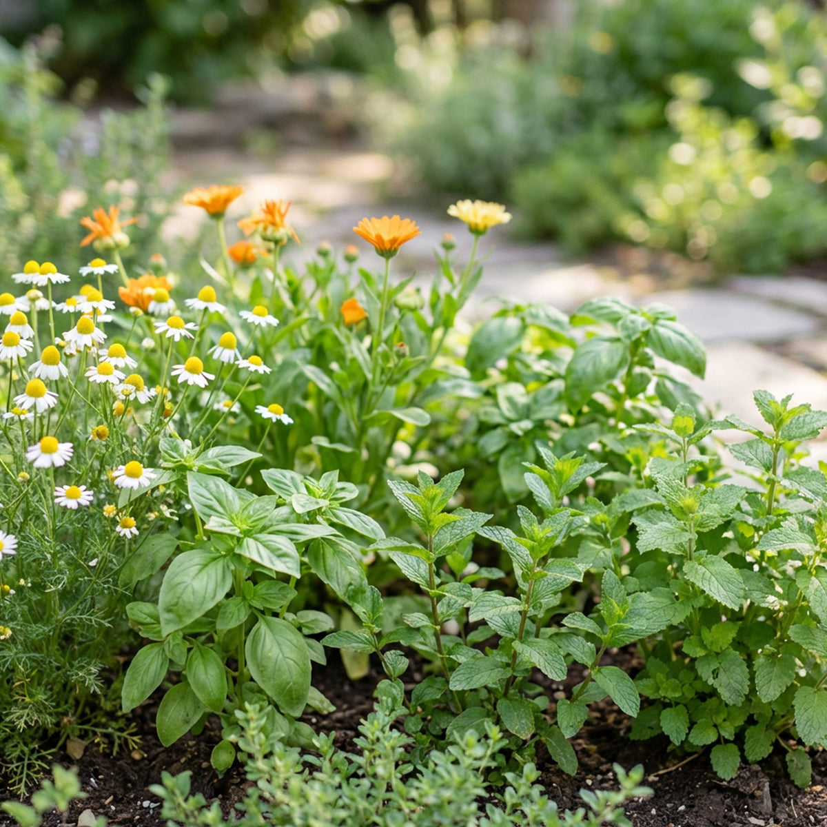 Herb garden with green leaves and small flowers in a natural setting