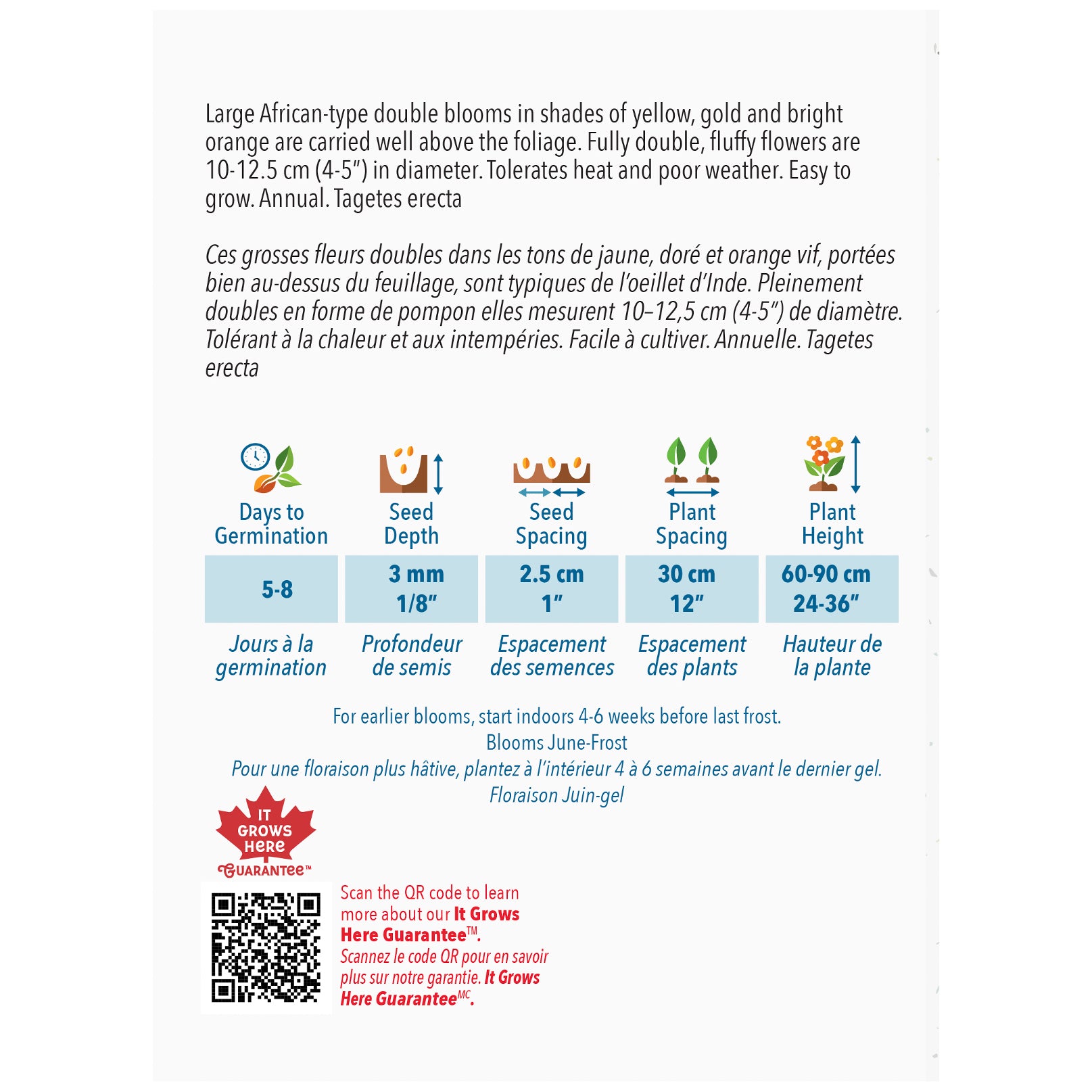 Seed packet with plant information and QR code on a white background