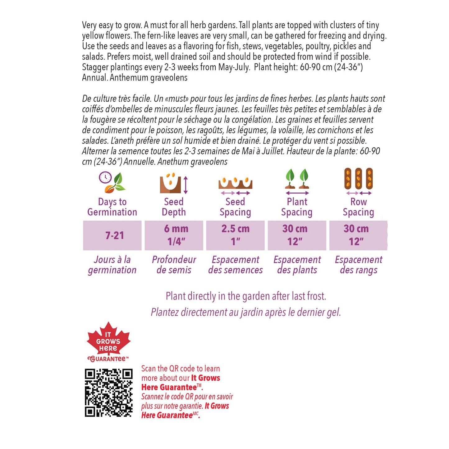 Seed packet with plant information and QR code on a white background