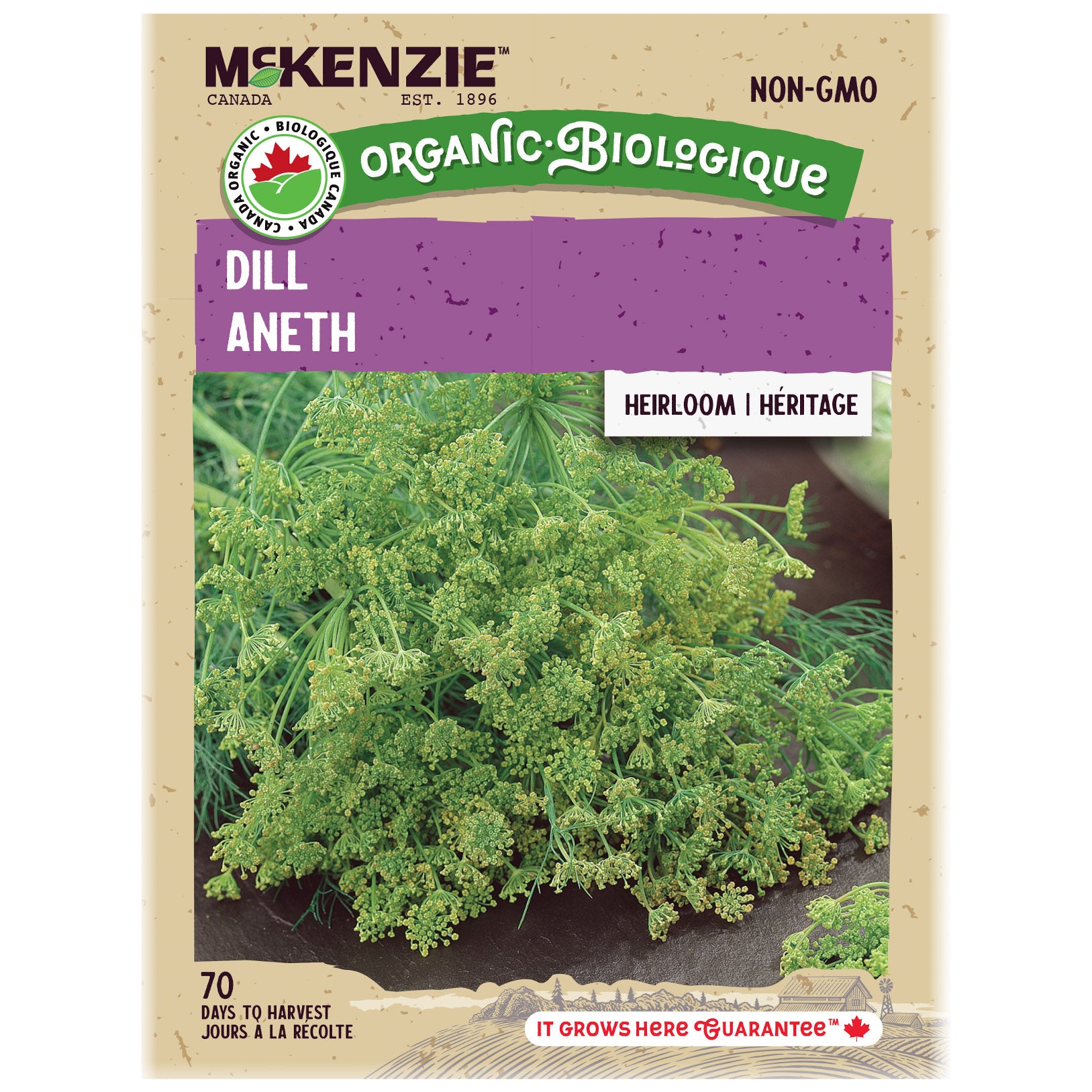 Mckenzie Organic dill seed packet with plant image on a beige background