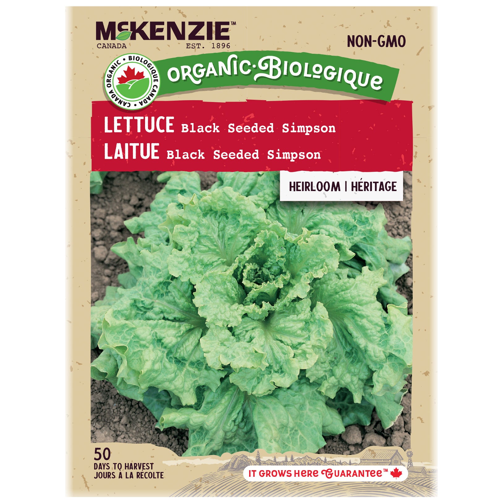 McKenzie Organic lettuce seed packet with green lettuce image on a beige background