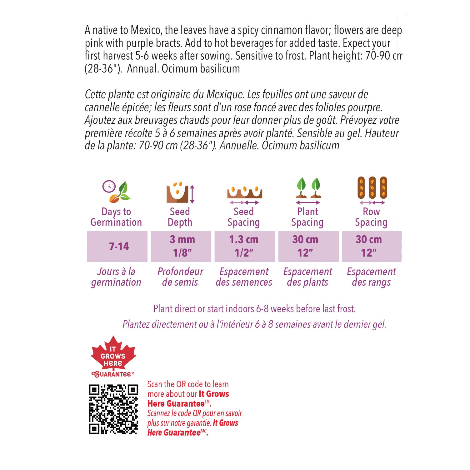 Seed packet with basil plant information and QR code on a white background