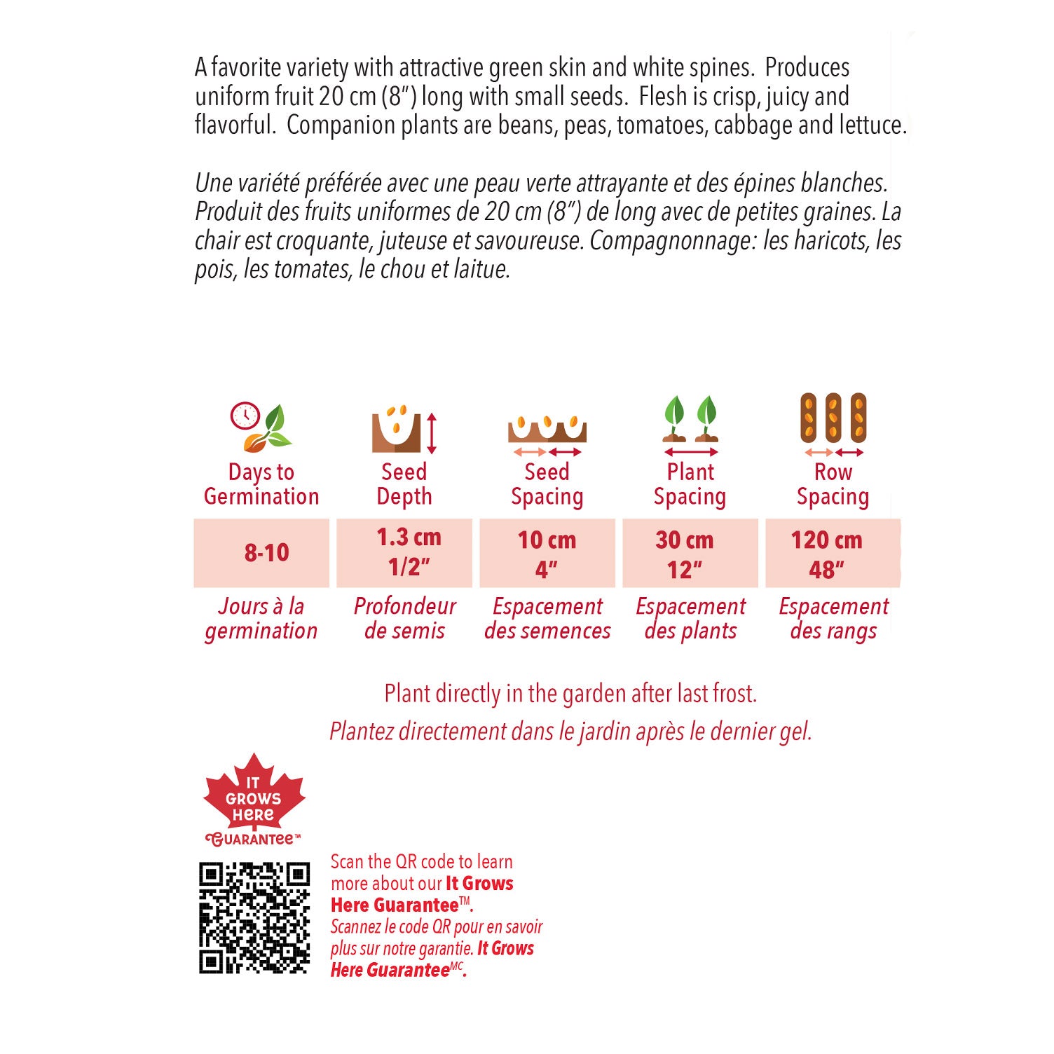 Seed packet with planting instructions and product details on a white background