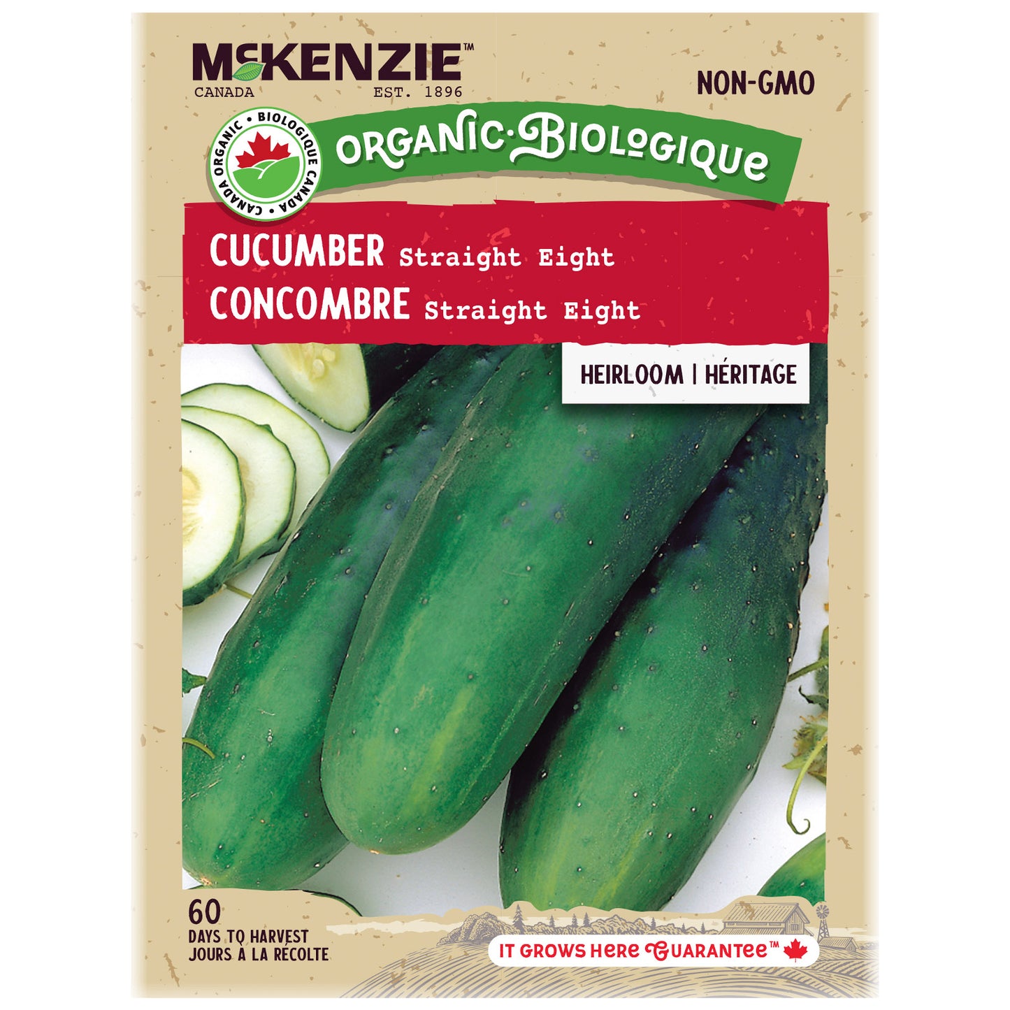 McKenzie Organic cucumber seed packet with images of cucumbers on a beige background