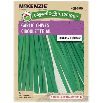 Packaging of McKenzie Organic Garlic Chives with green leaves and beige background