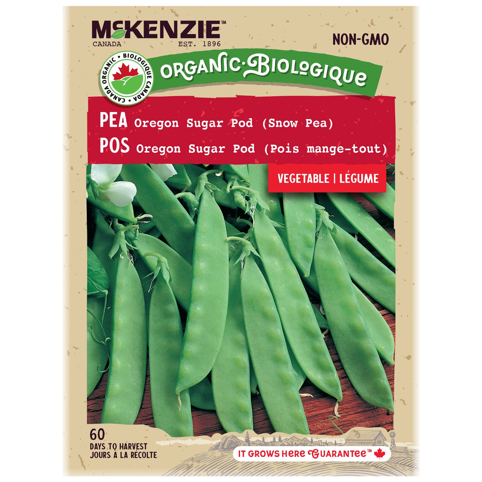 Mckenzie Organic pea seed packet with green peas on a beige background
