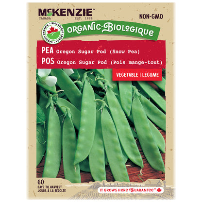 Mckenzie Organic pea seed packet with green peas on a beige background