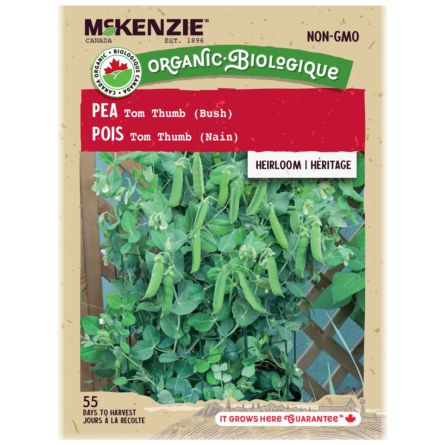 Mckenzie Organic pea seed packet with green peas and plant on a beige background
