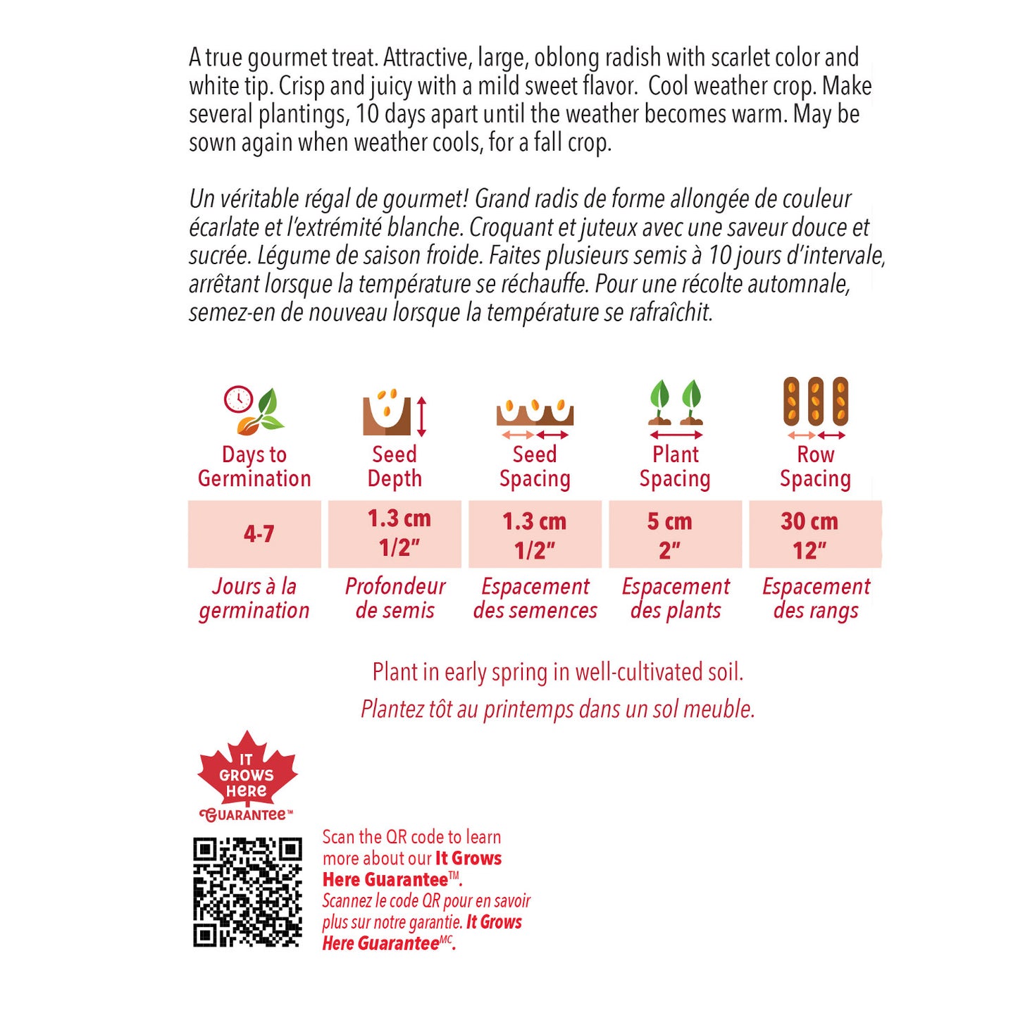Seed packet with radish information, including text and icons on a white background