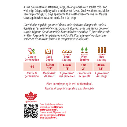Seed packet with radish information, including text and icons on a white background