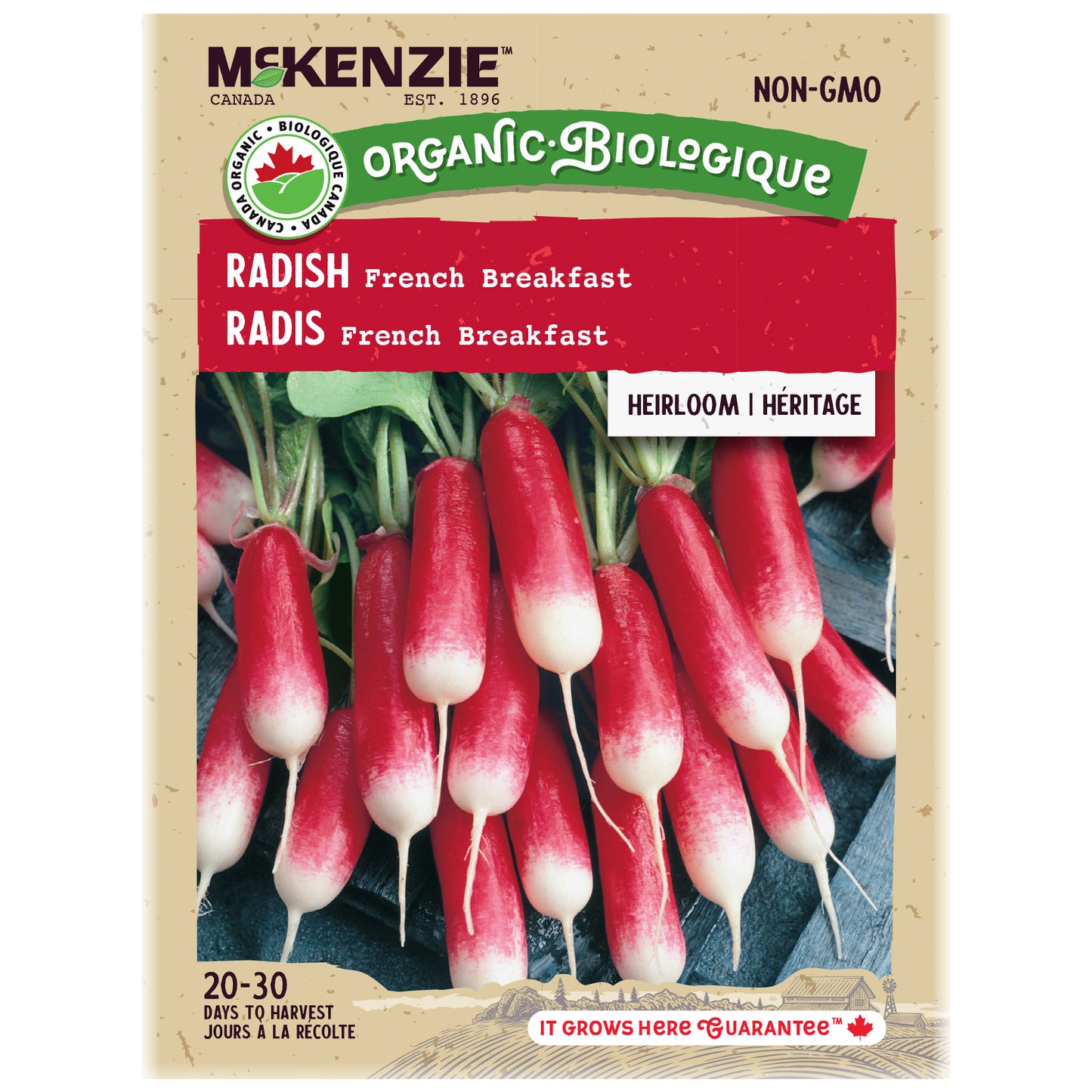 Packaging of McKenzie Organic Radish French Breakfast seeds with radishes on a beige background.