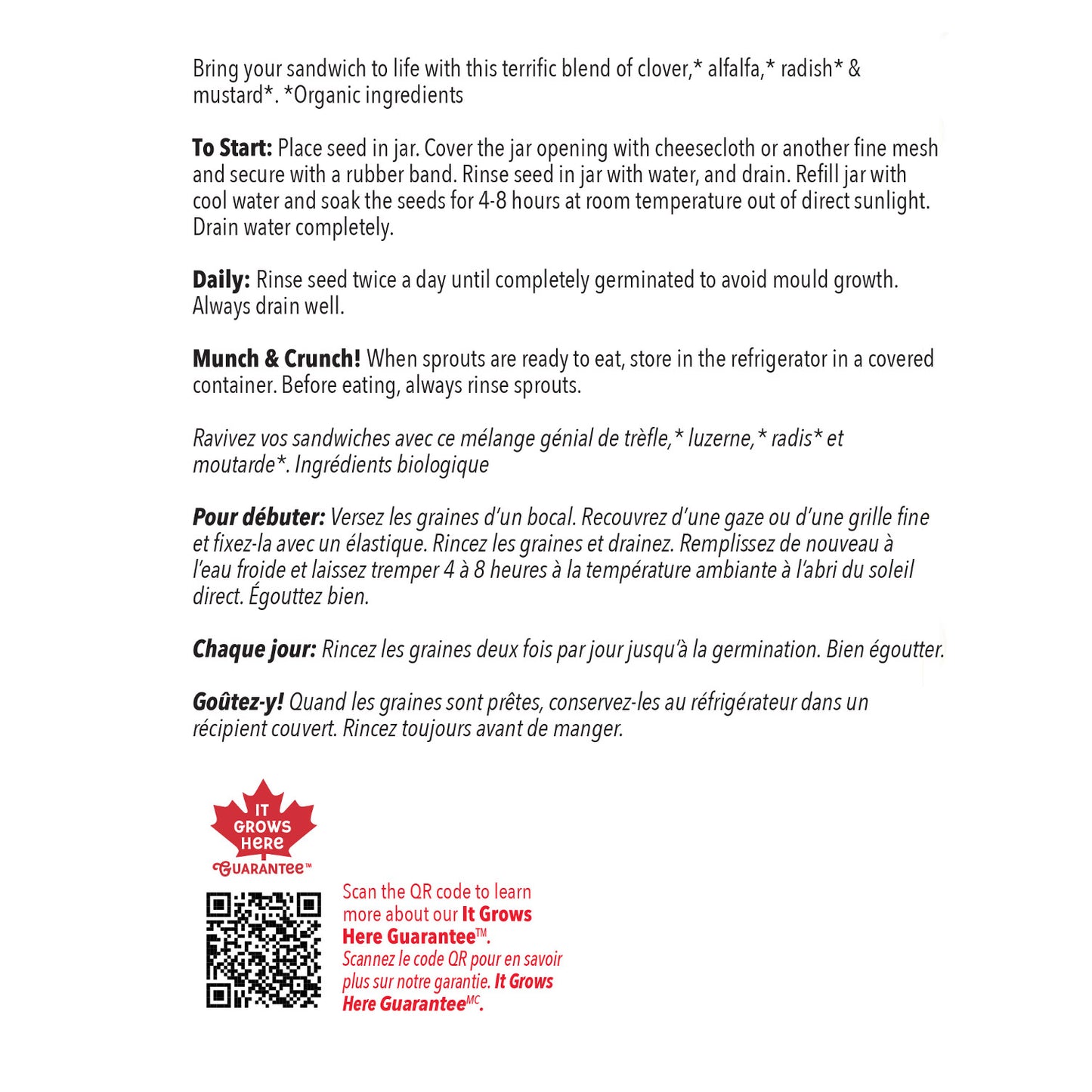 Instructions for growing sprouts with a QR code and branding on a white background