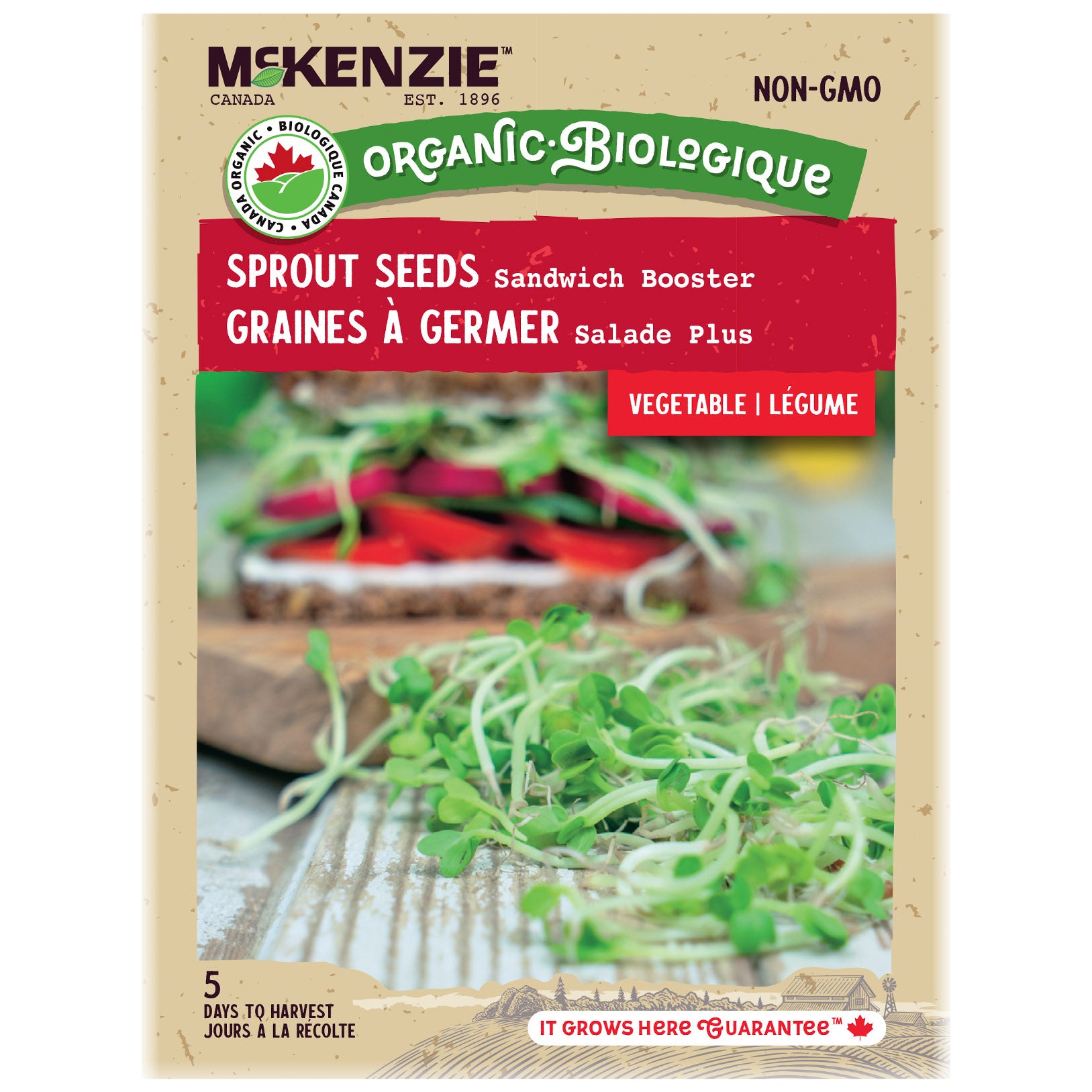 McKenzie Organic sprout seeds package with sprouts and vegetables on a white background