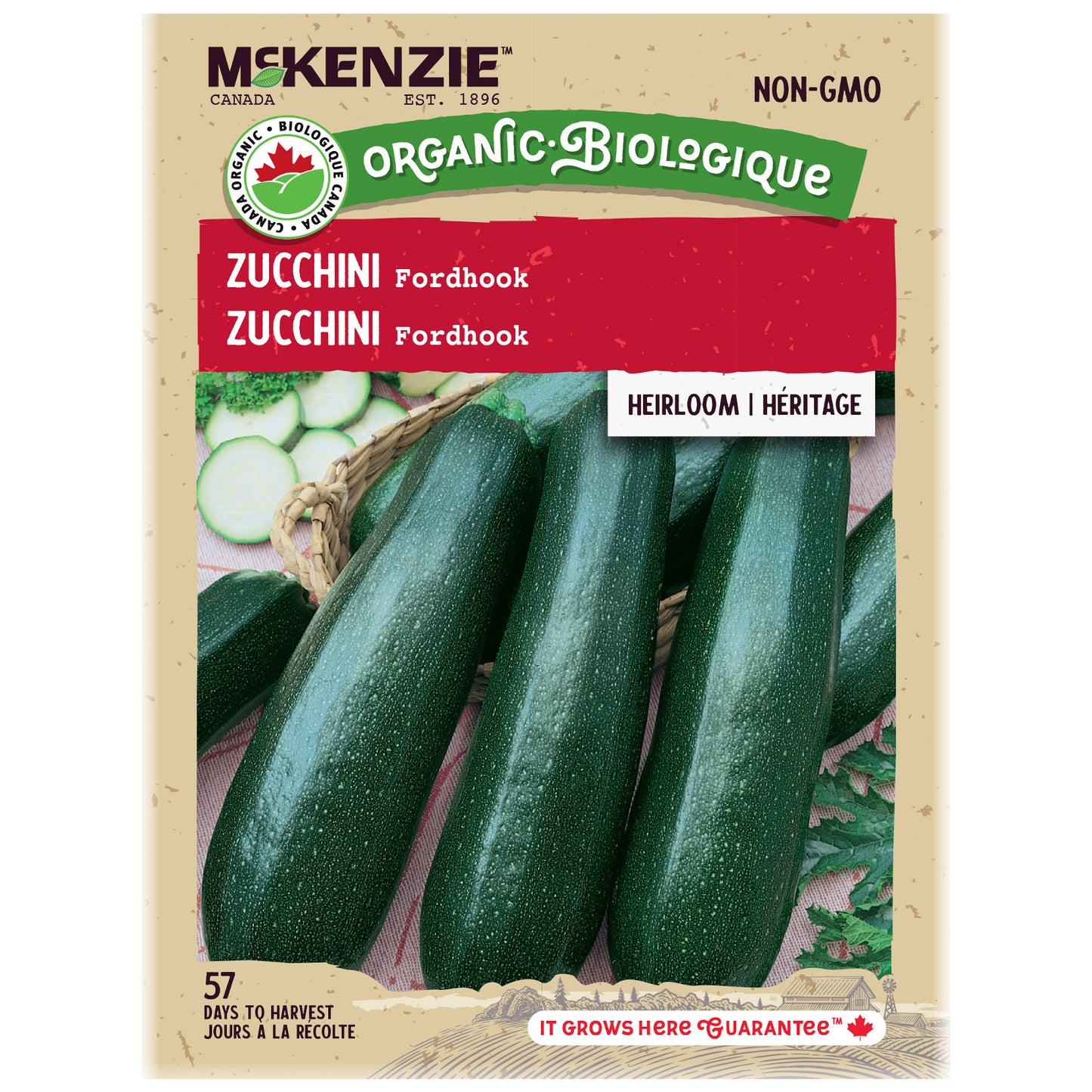 McKenzie Organic Zucchini seed packet with images of zucchinis on a beige background