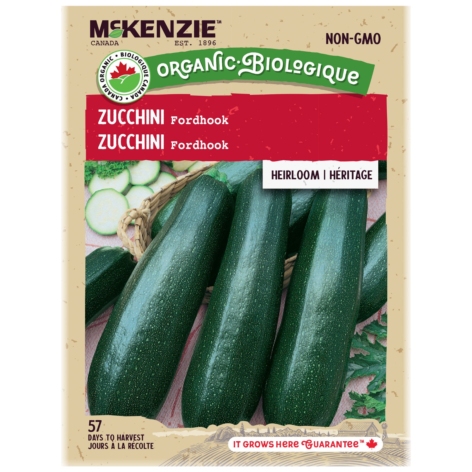 McKenzie Organic Zucchini seed packet with images of zucchinis on a beige background