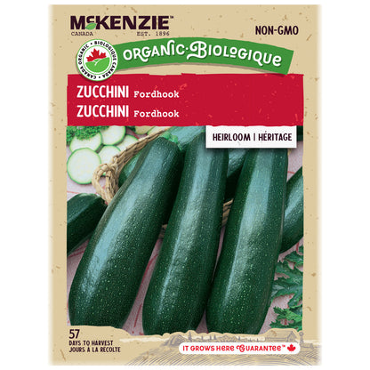 McKenzie Organic Zucchini seed packet with images of zucchinis on a beige background