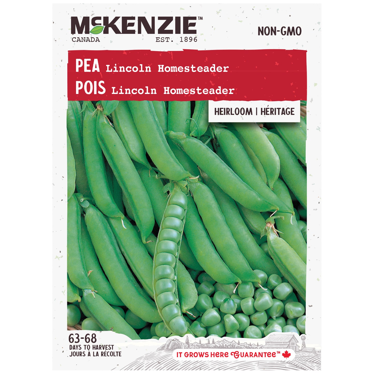 Mckenzie brand pea seed packet with green peas on a white background