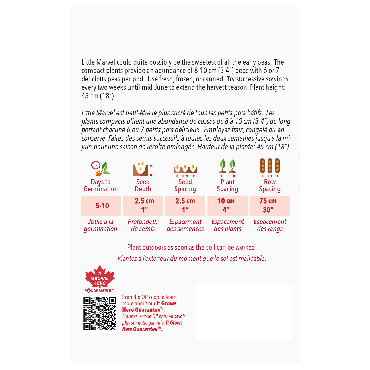 Seed packet with planting instructions and product details on a white background