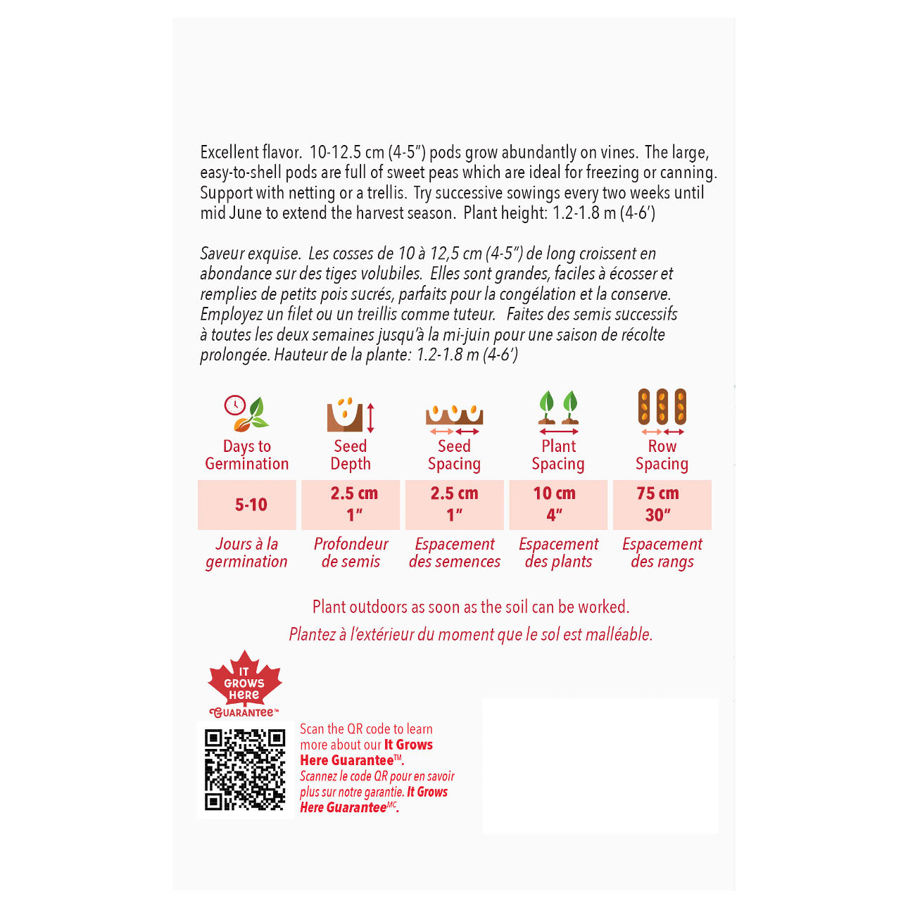 Seed packet with planting instructions and product details on a white background