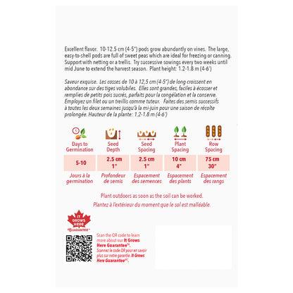 Seed packet with planting instructions and product details on a white background