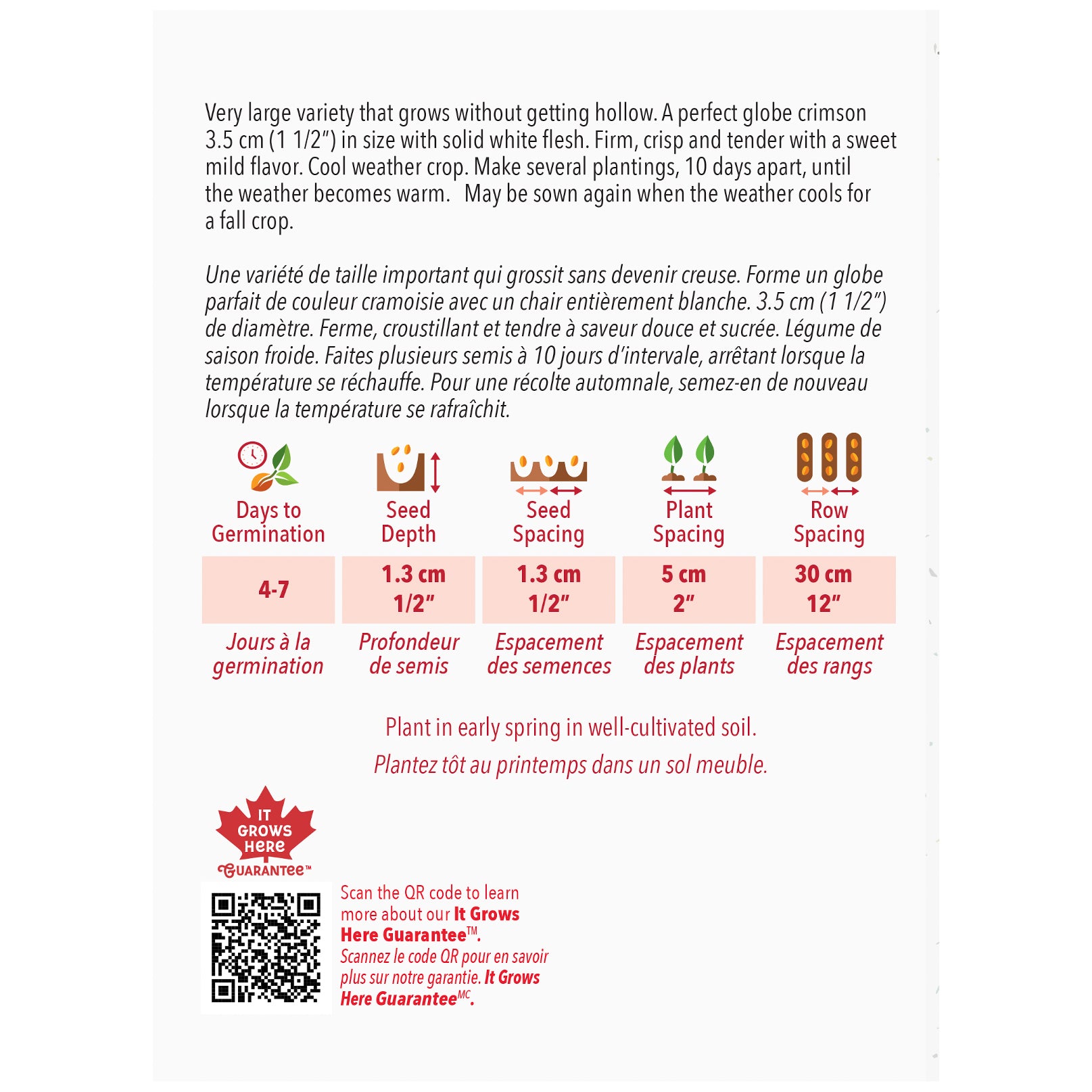 Seed packet with planting instructions and product details on a white background