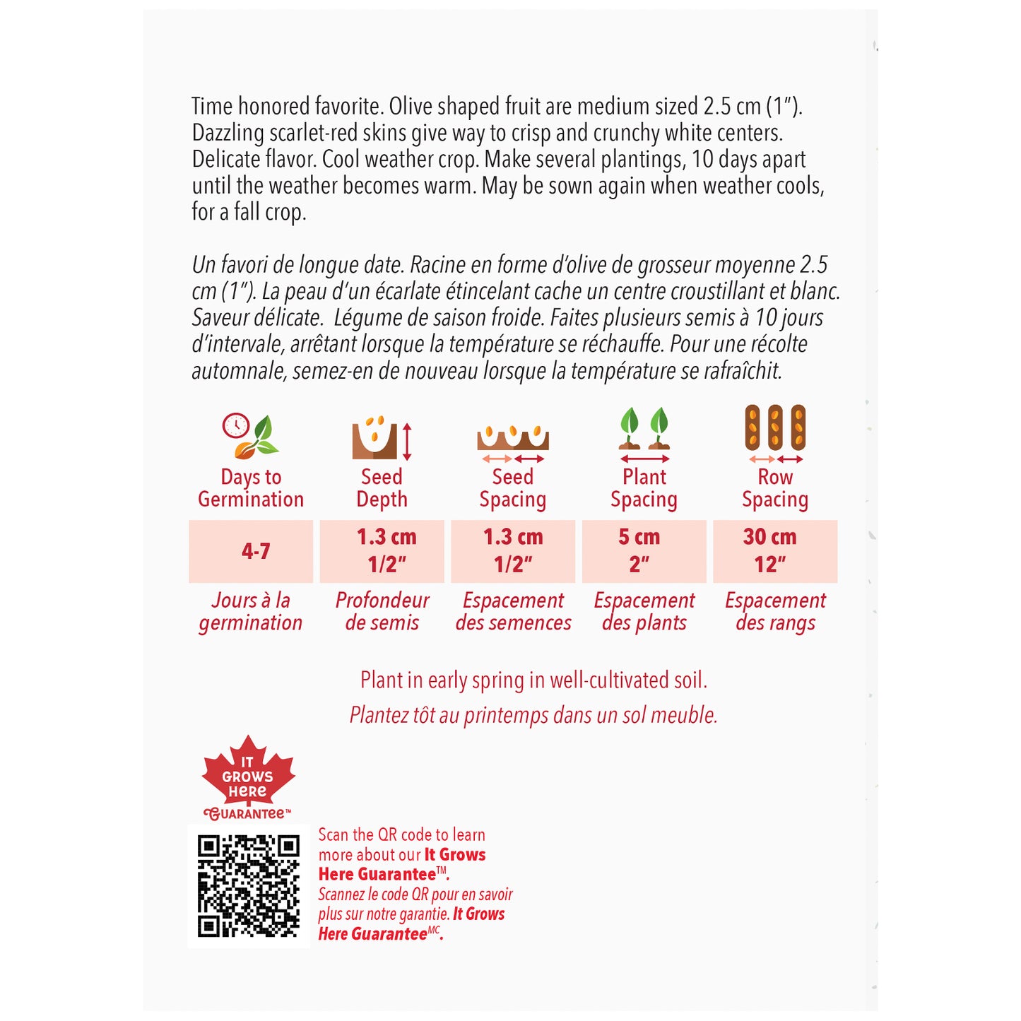 Seed packet with planting instructions and product details on a white background
